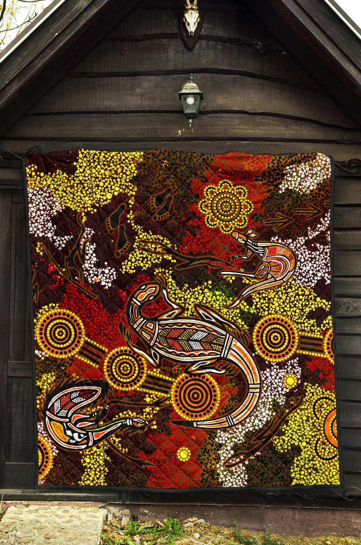 Aboriginal Premium Quilt - Kangaroo and Lizard Dot Painting Art