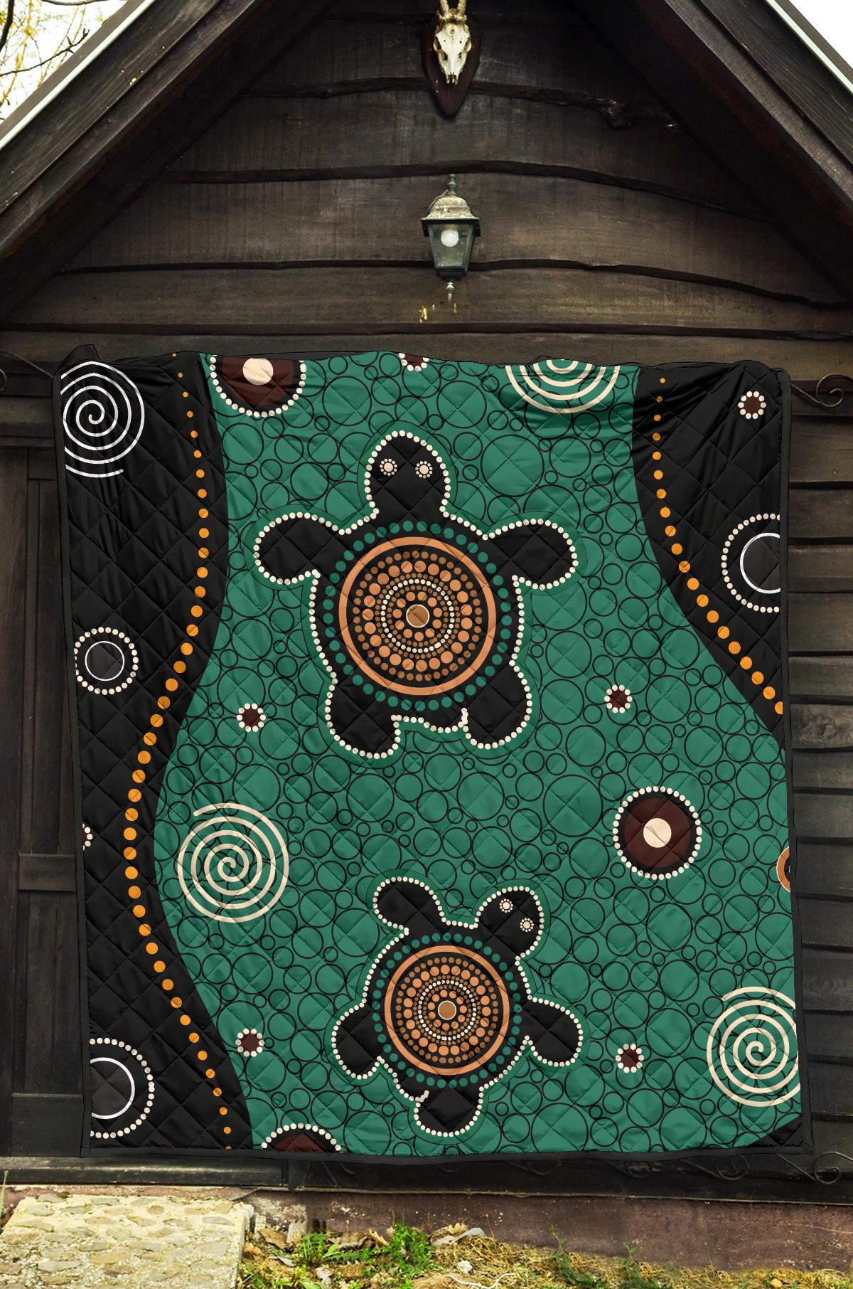 Aboriginal Premium Quilt - Australia Green Turtle Dot Painting Art