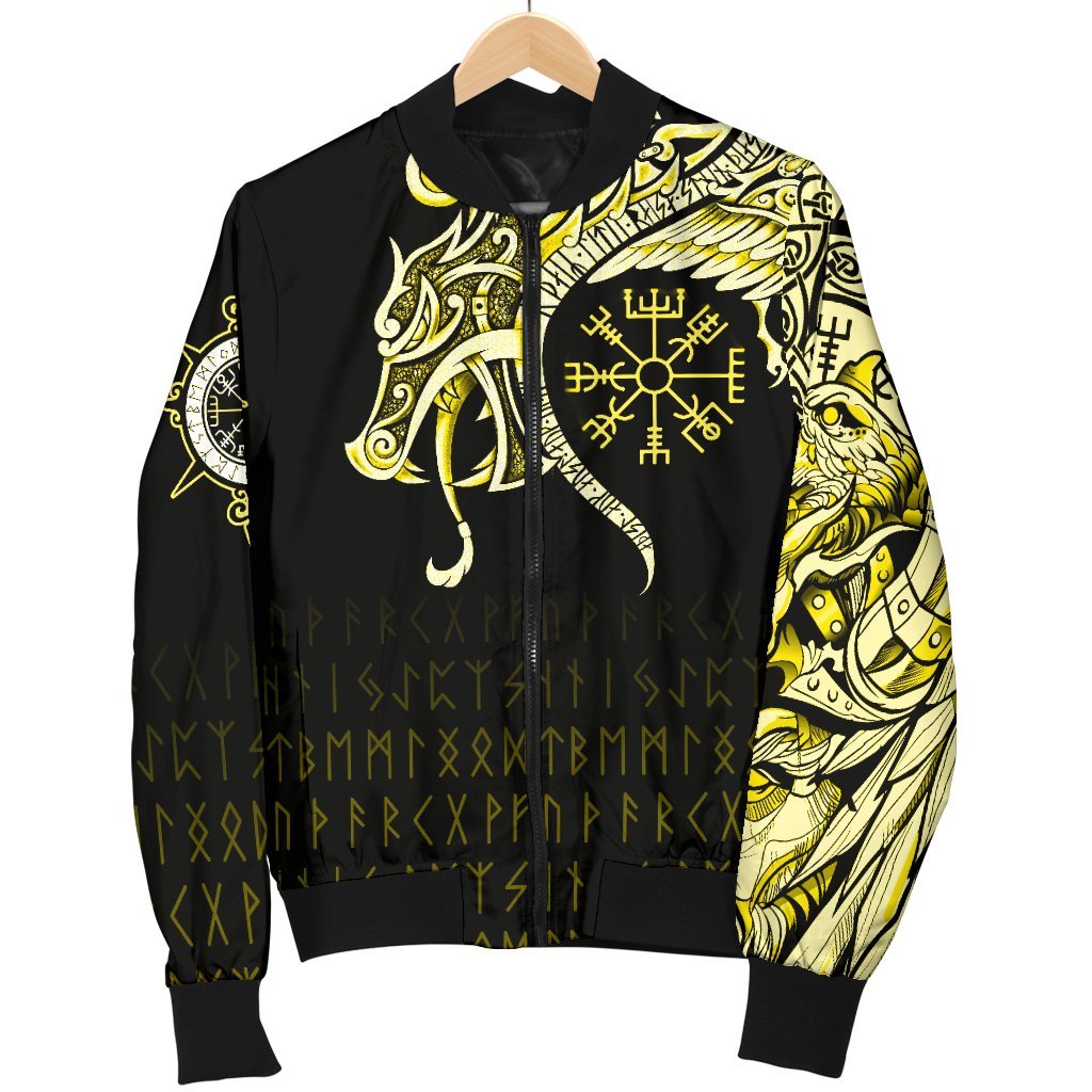 Viking Bomber Jacket Fenrir Raven And Vegvisir Tattoo Yellow Style Ver01