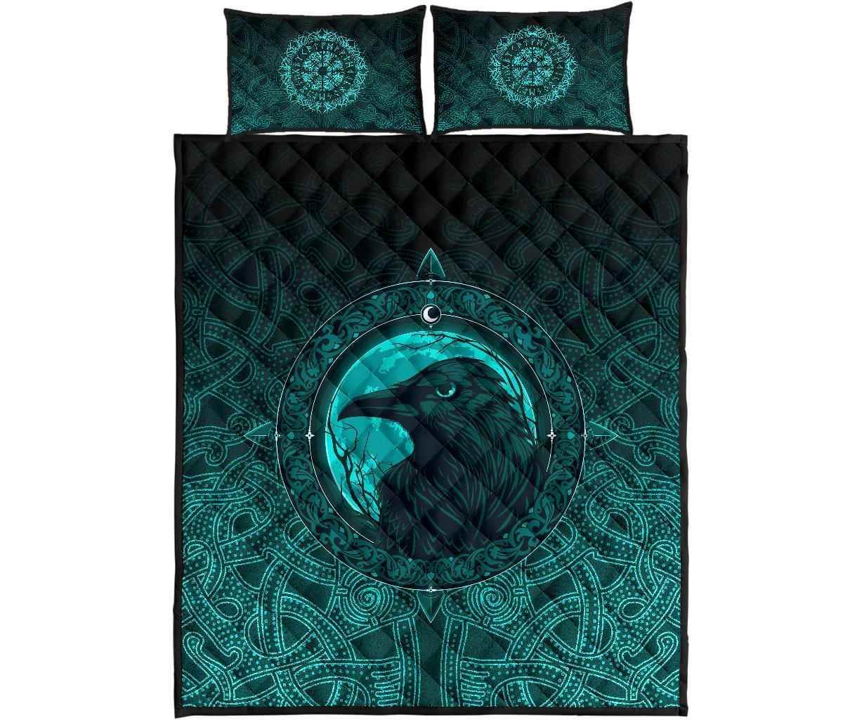 Viking Quilt Bedding Set Ethnic Odin Raven Cyan