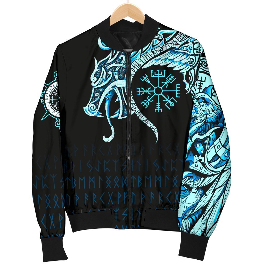 Viking Bomber Jacket Fenrir Raven And Vegvisir Tattoo Cyan Style Ver02