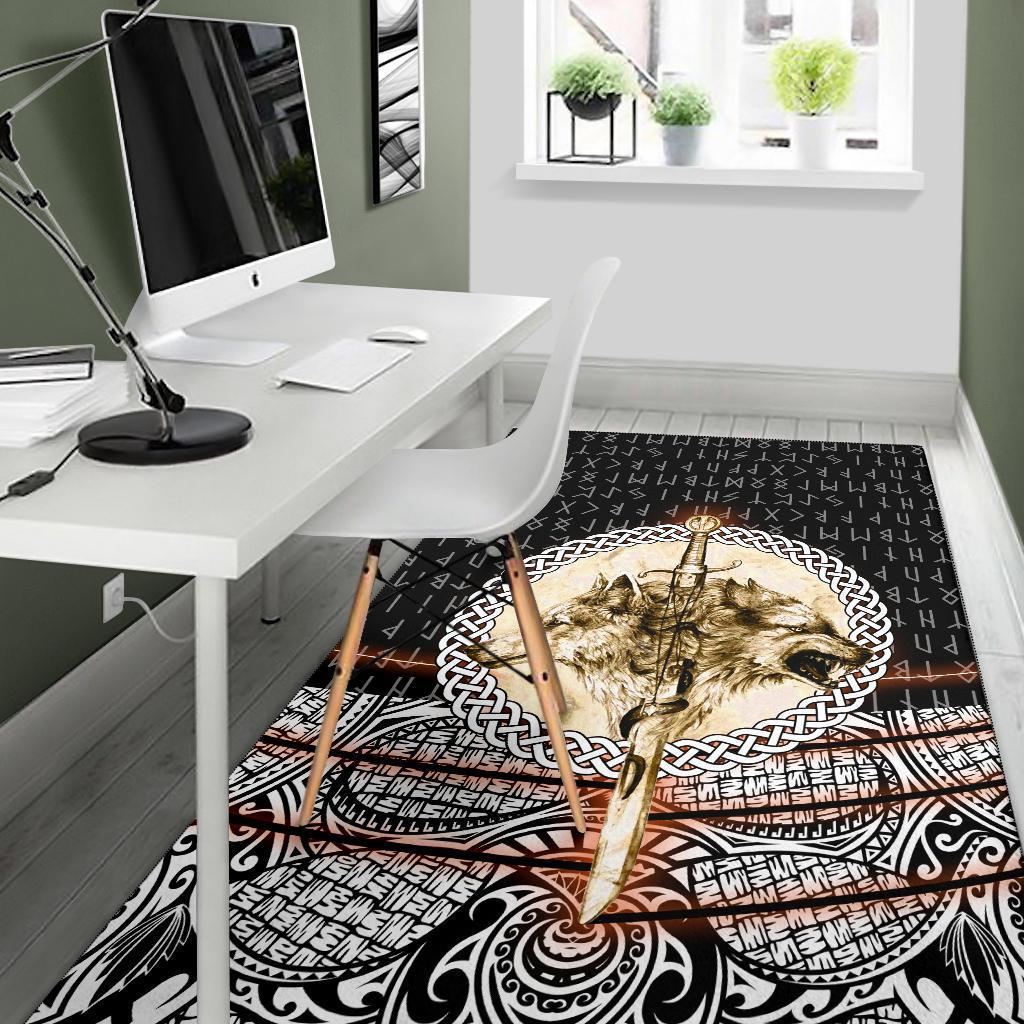 Viking Area Rug Wolf and Vikings Tattoo 3D