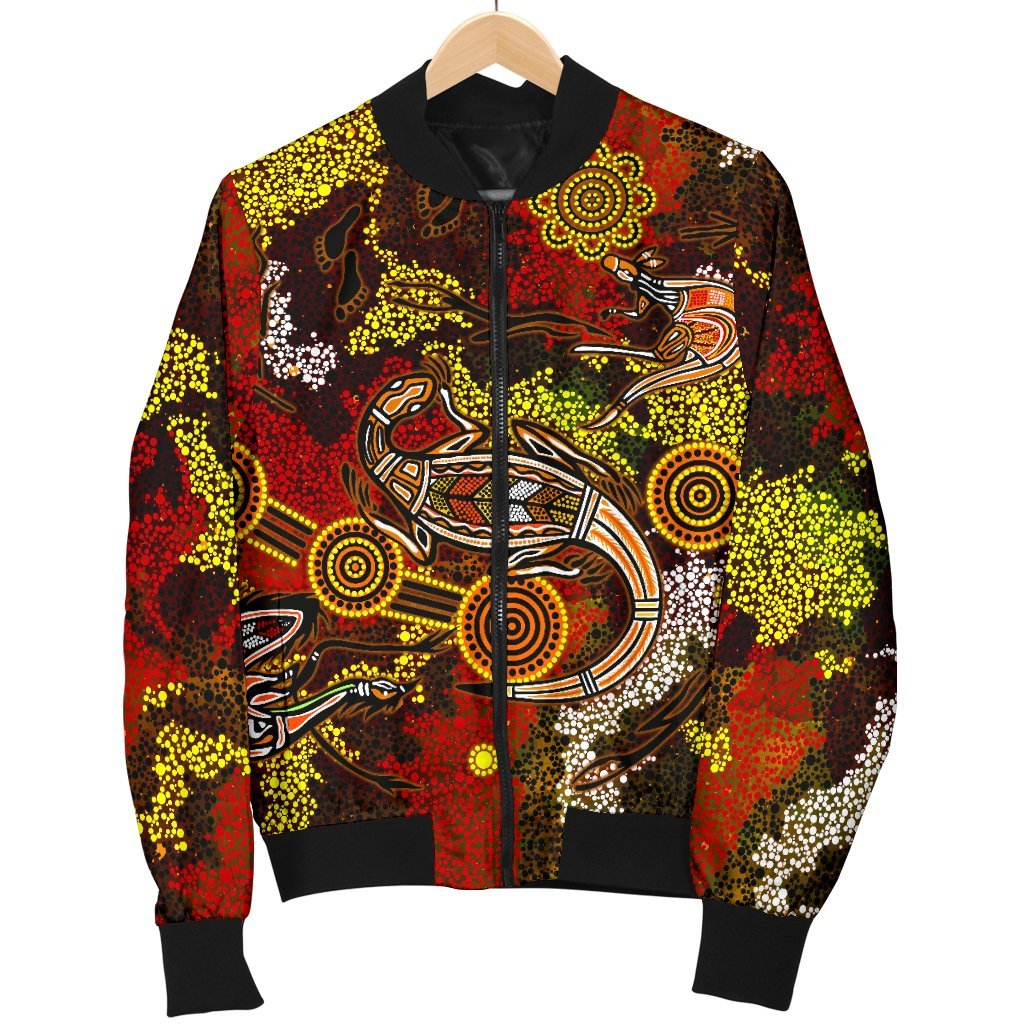 Aboriginal Bomber Jacket - Kangaroo and Lizard Dot Painting Art