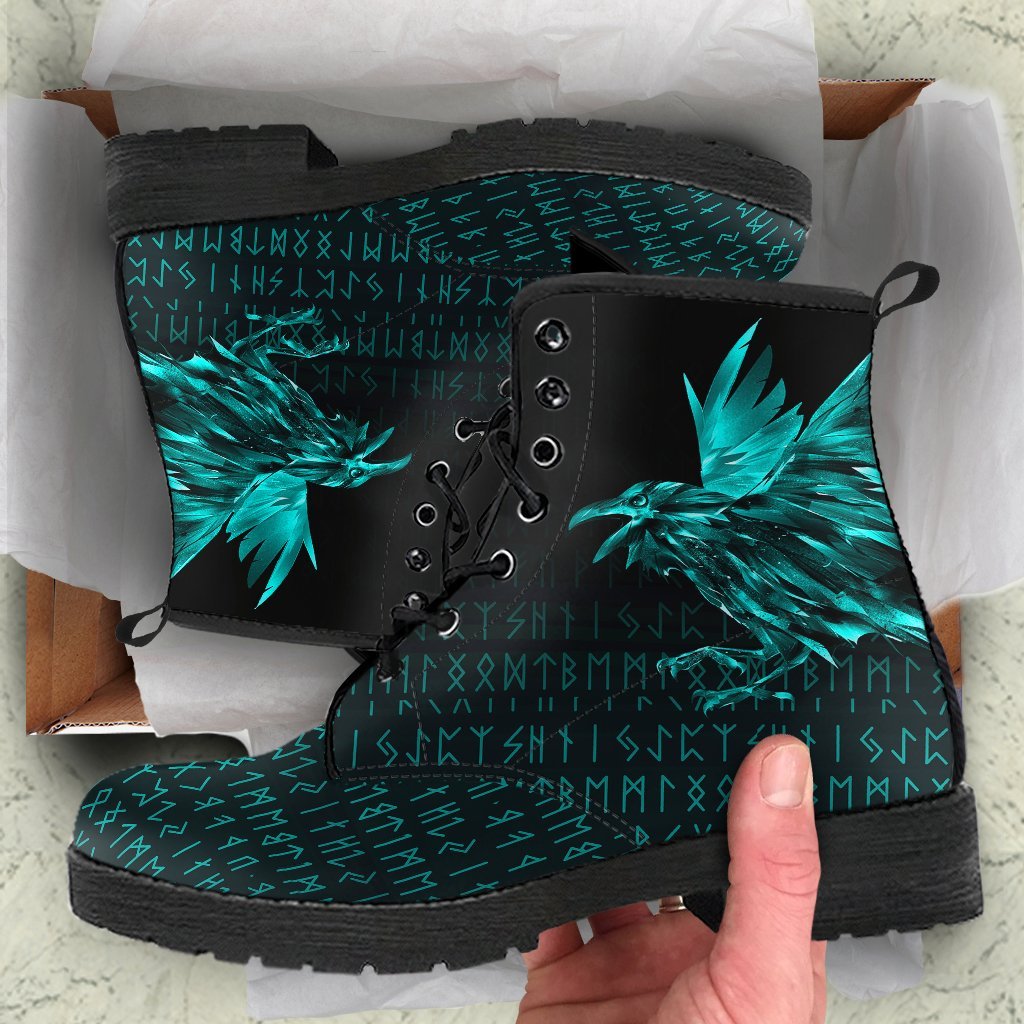 Viking Leather Boots The Raven Of Odin Rune Cyan