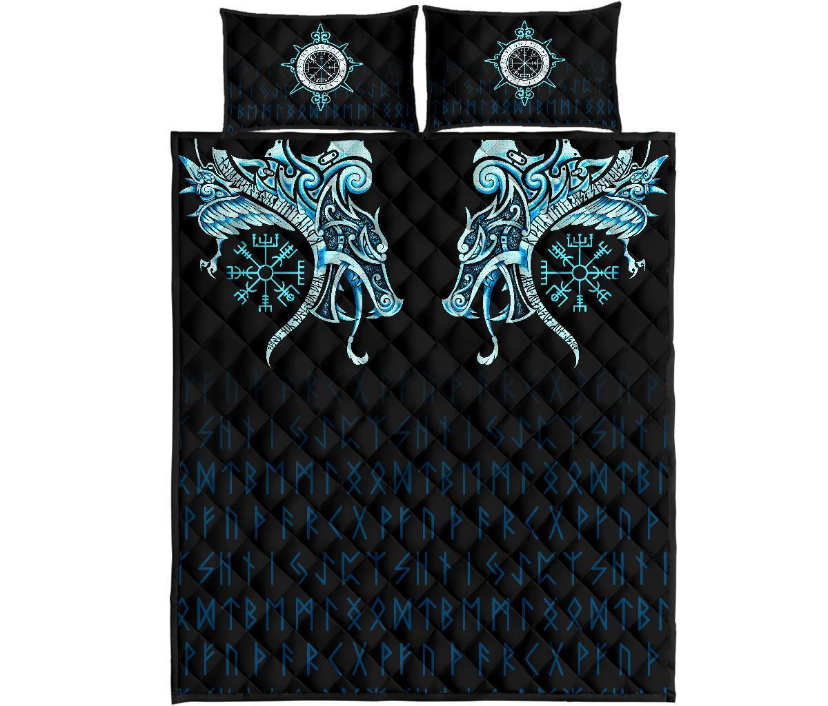 Viking Quilt Bedding Set Fenrir Raven And Vegvisir Tattoo Cyan