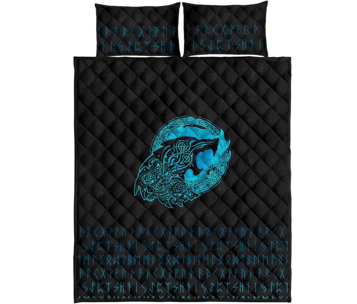 Viking Quilt Bedding Set Fenrir Wolf Cyan