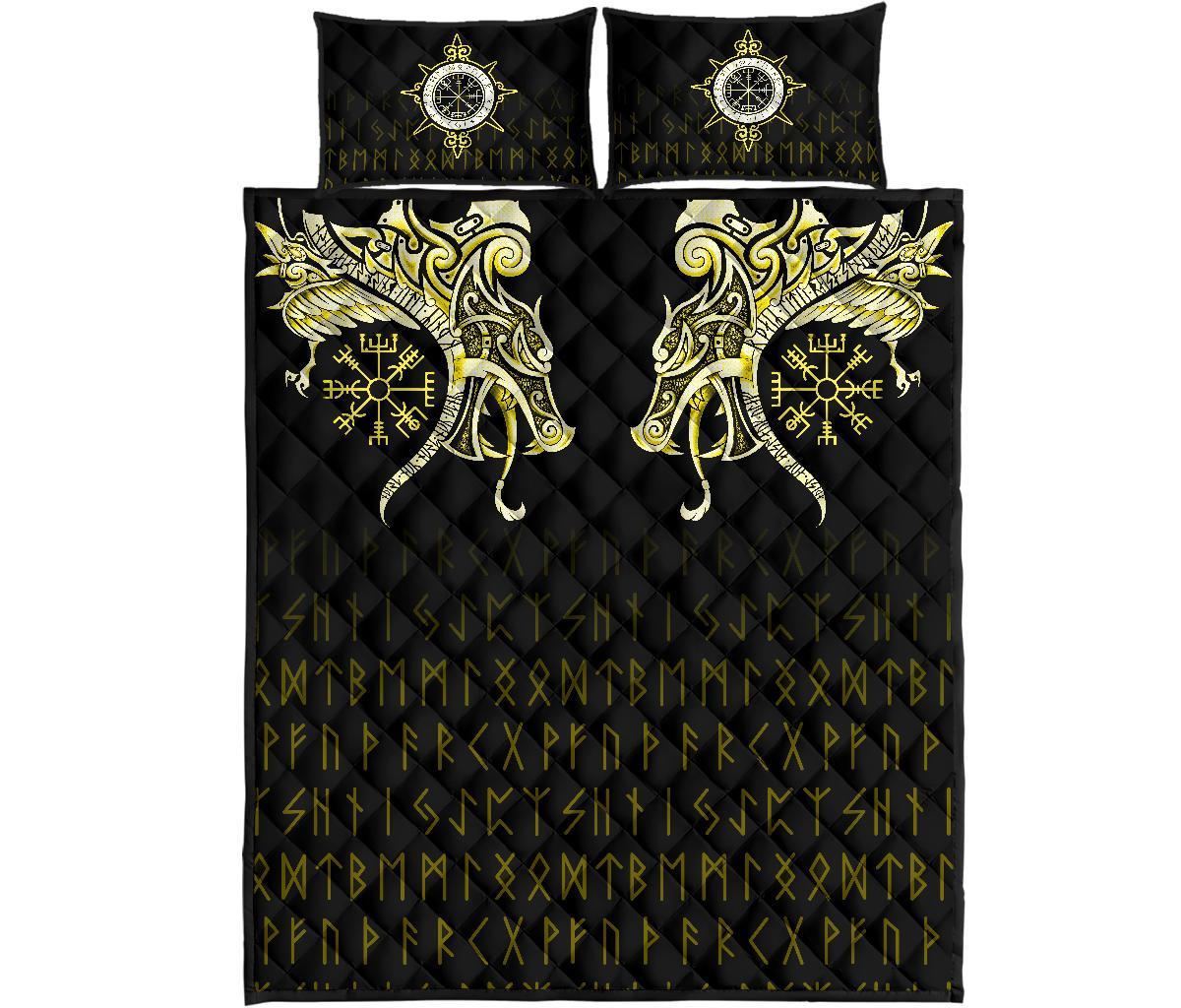 Viking Quilt Bedding Set Fenrir Raven And Vegvisir Tattoo Yellow