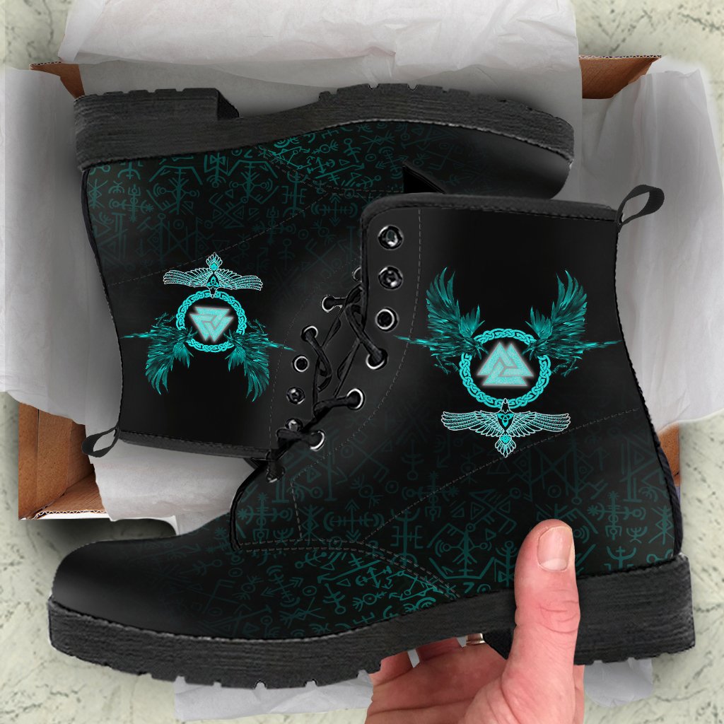 Viking Leather Boots Three Raven and Valknut Cyan