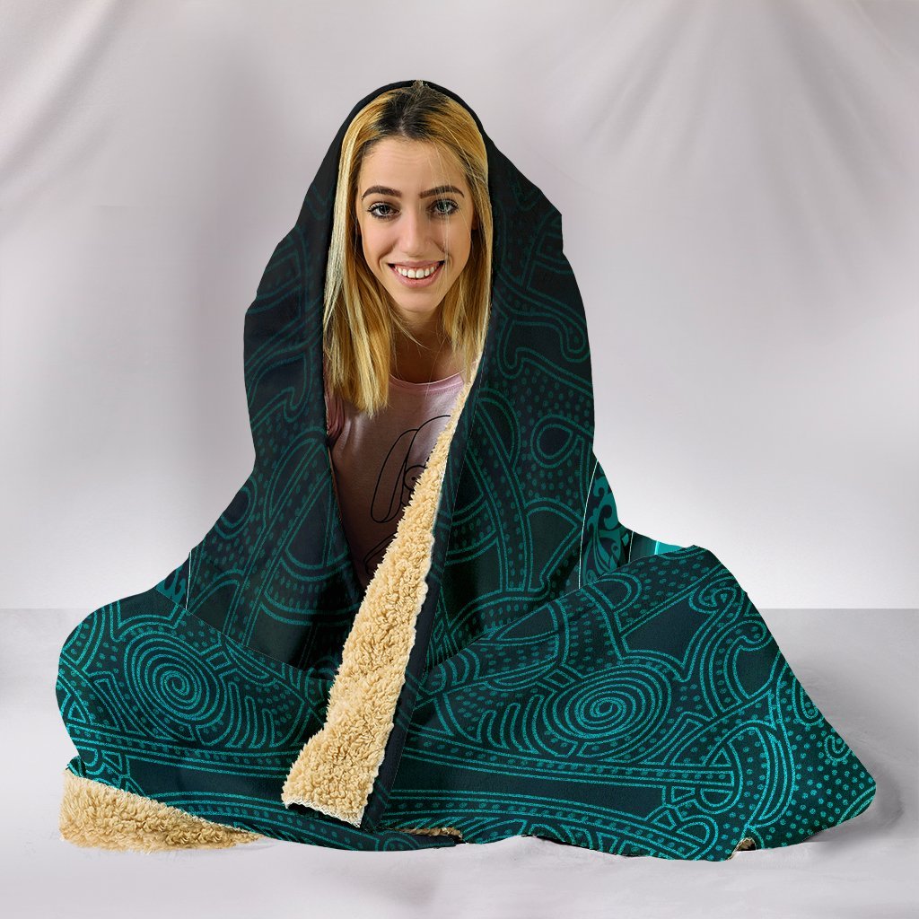 Viking Hooded Blanket Ethnic Odin Raven Cyan