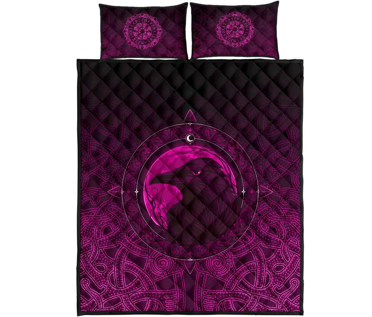 Viking Quilt Bedding Set Ethnic Odin Raven Pink