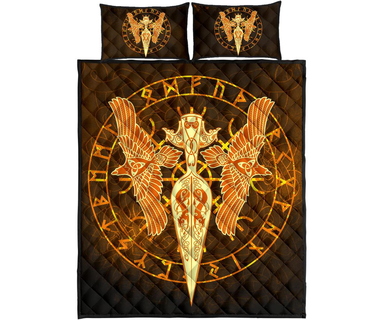 Viking Quilt Bedding Set Gold Spear Of The God Odin Gungnir And Two Gold Ravens