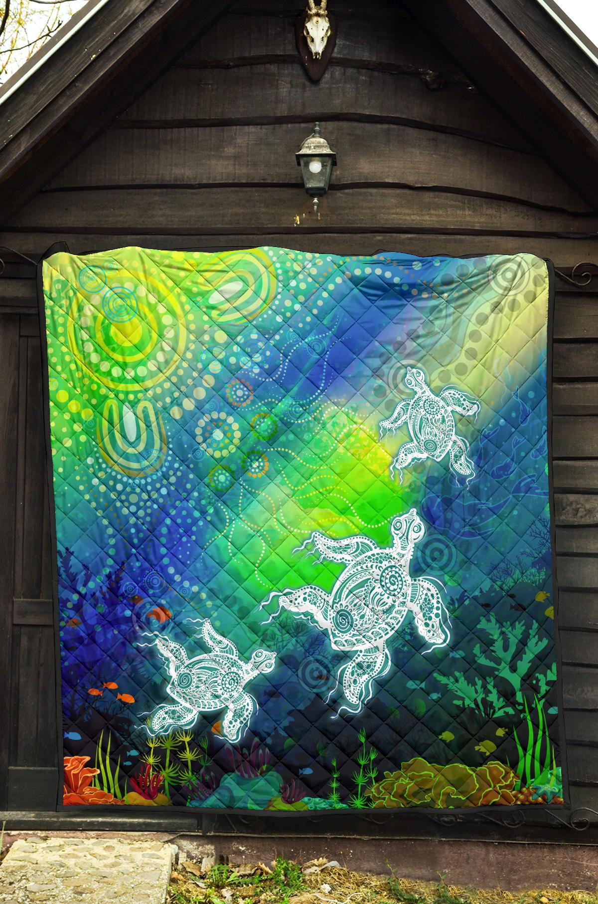 Aboriginal Premmium Quilt - Indigenous Turtle Ocean Dot Painting Art