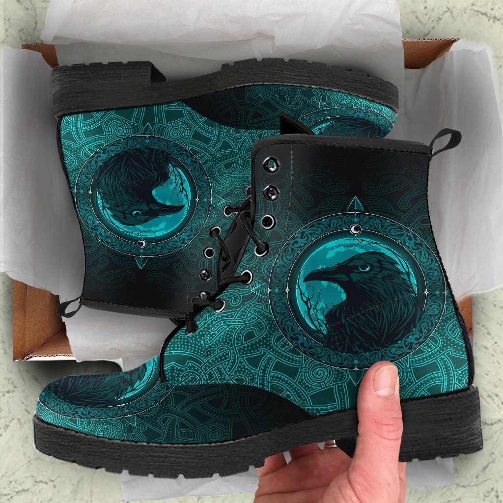 Viking Leather Boots Ethnic Odin Raven Cyan