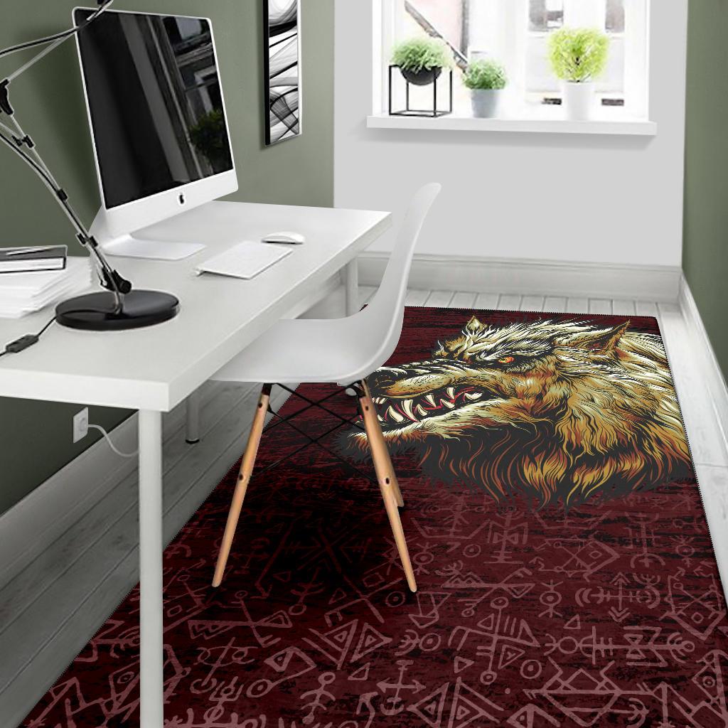 Viking Area Rug Fenrir On The Blood Moon Background