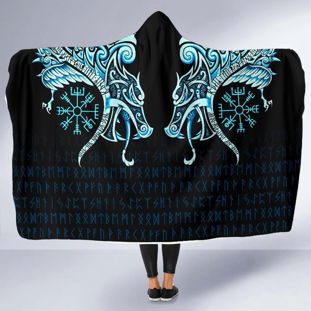 Viking Hooded Blanket Economy Fenrir Raven And Vegvisir Tattoo Cyan