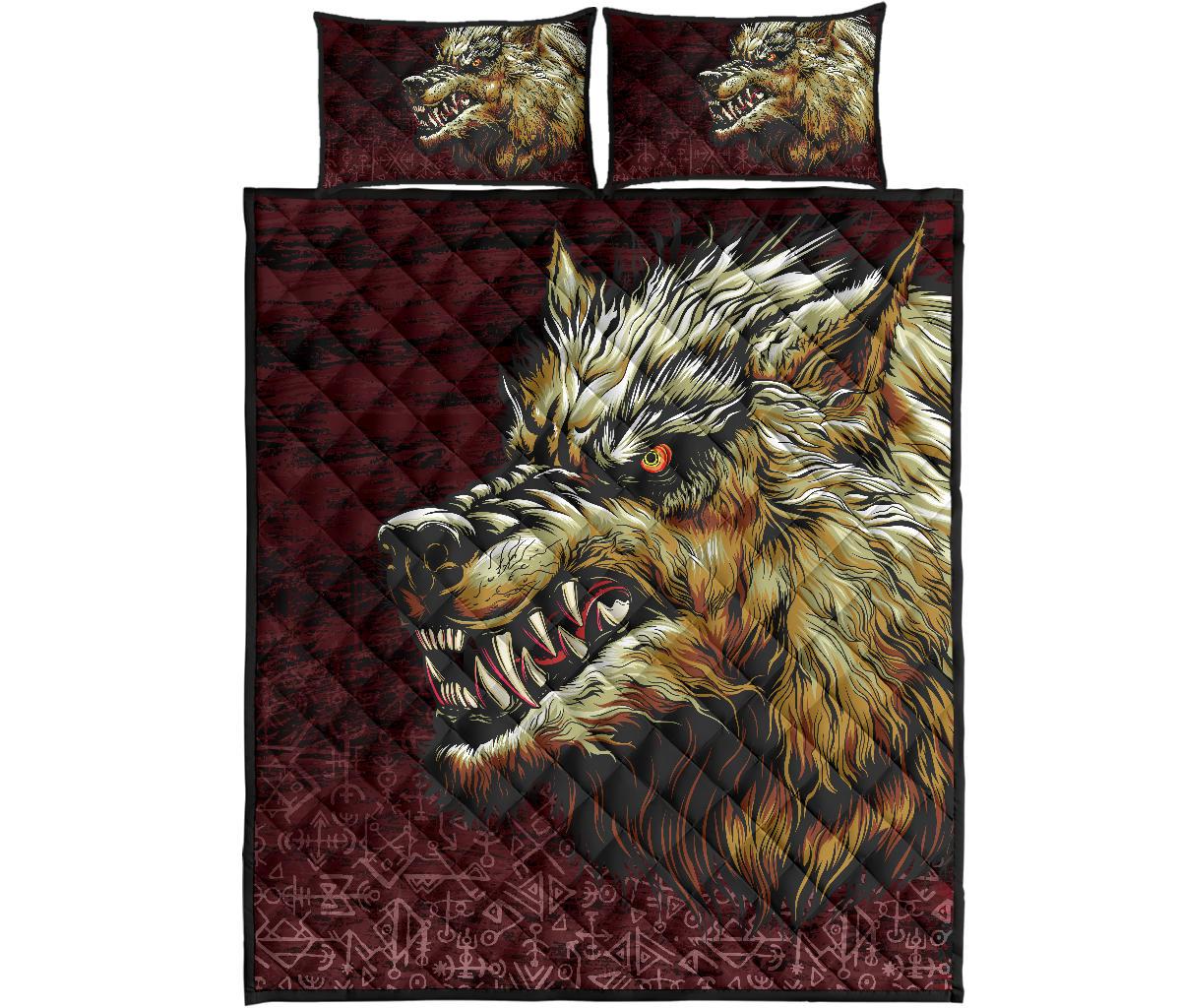 Viking Quilt Bedding Set Fenrir On The Blood Moon Background