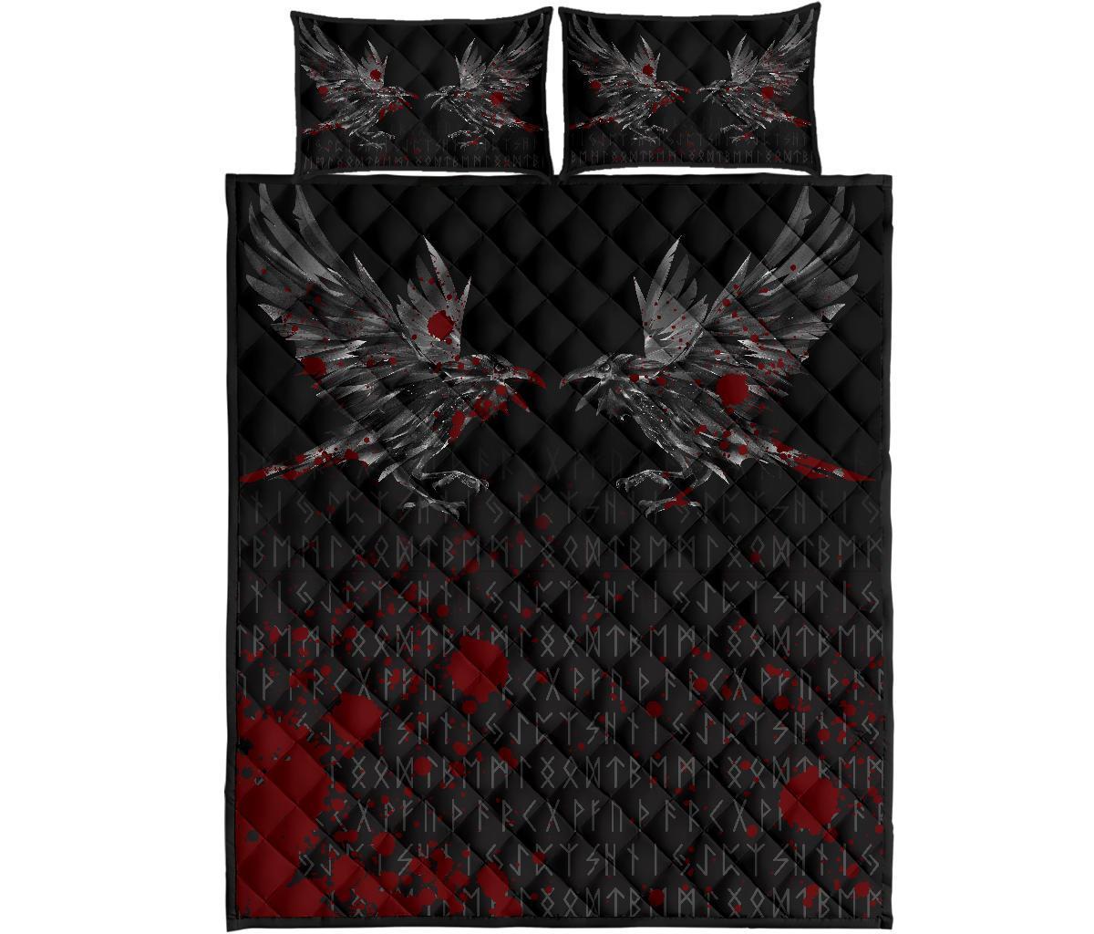 Viking Quilt Bedding Set Odin Huginn and Muninn Rune Blood