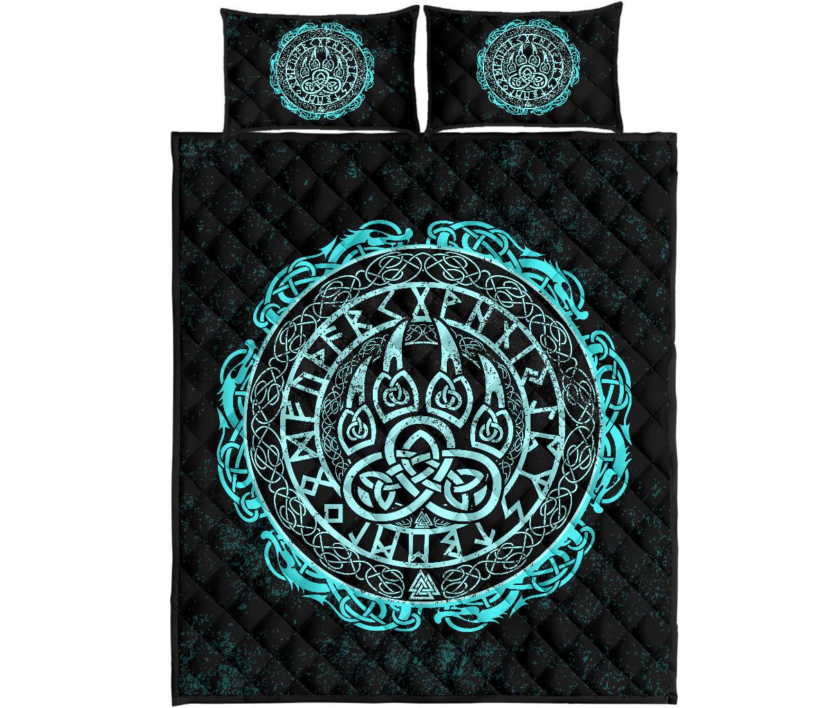 Viking Quilt Bedding Set Viking Bear Claws Cyan Tattoo