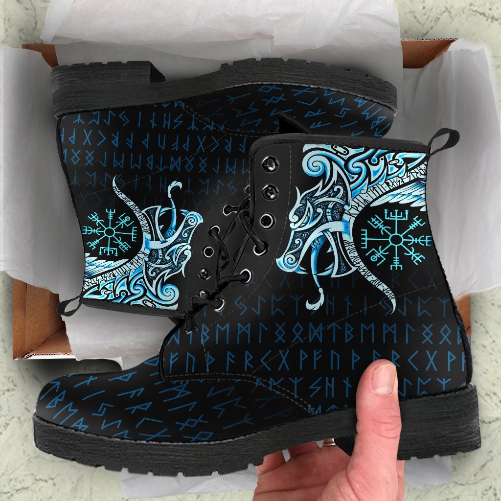 Viking Leather Boots Fenrir Raven And Vegvisir Tattoo Cyan