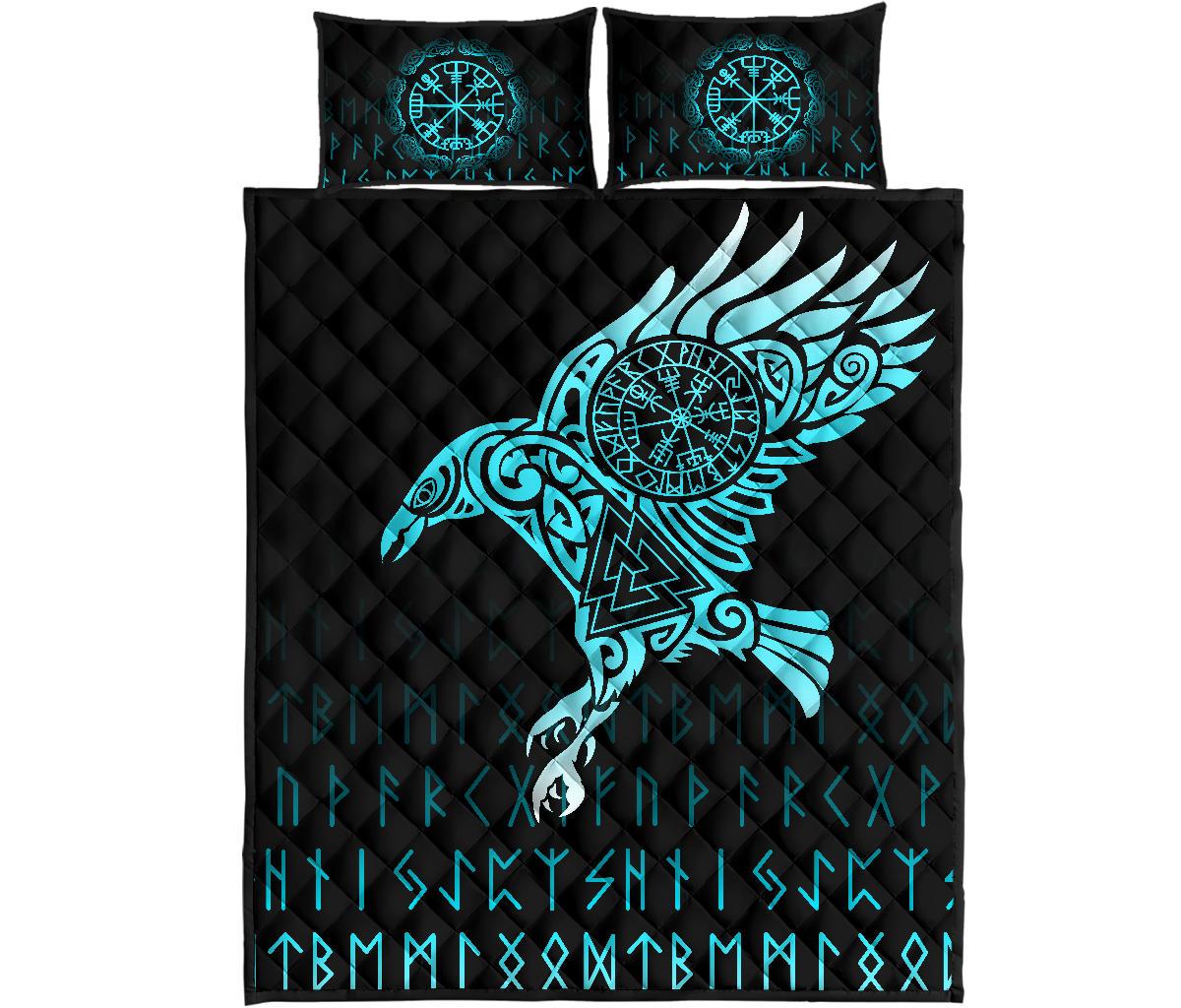 Viking Quilt Bedding Set Raven Tattoo Cyan