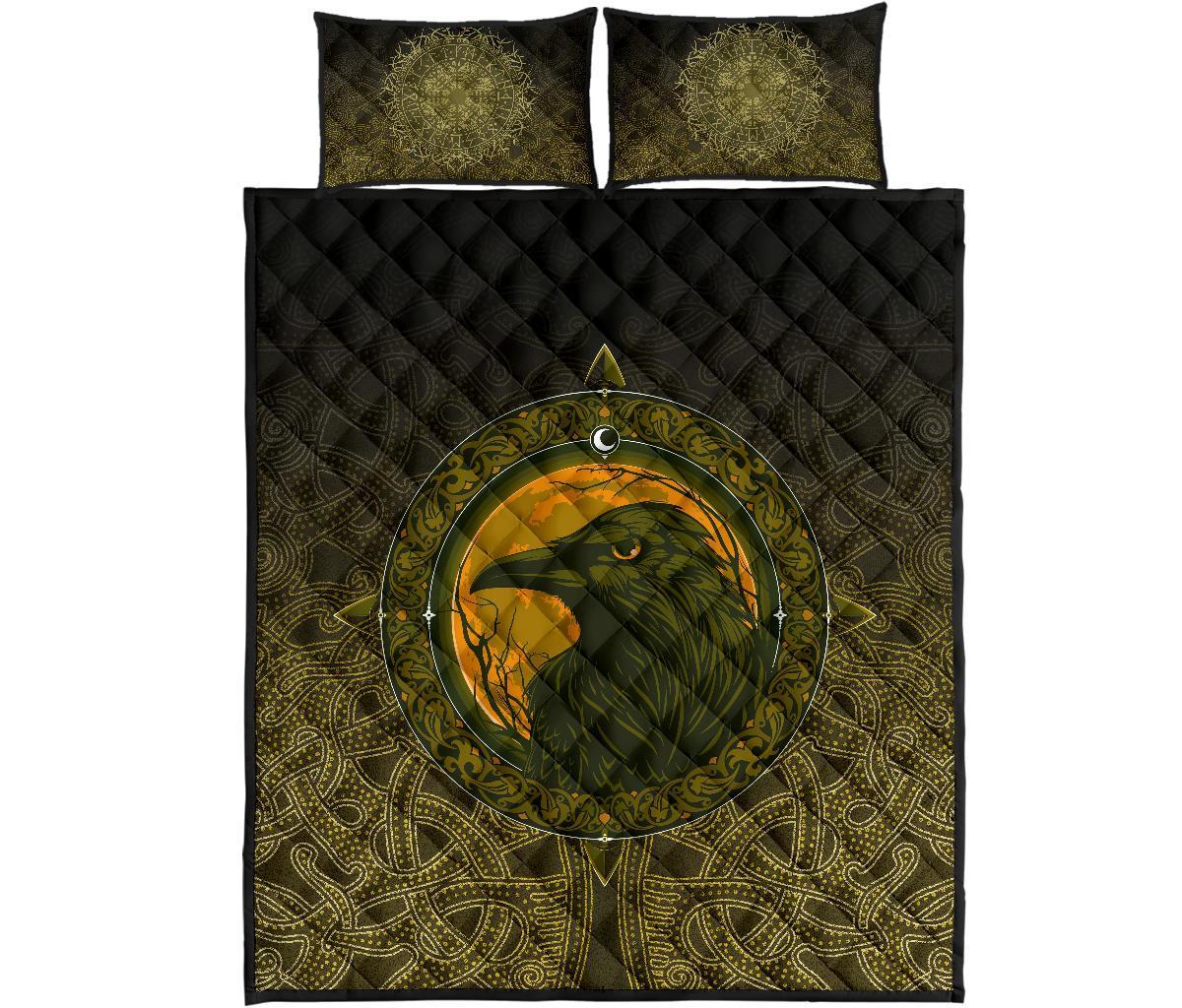 Viking Quilt Bedding Set Ethnic Odin Raven Gold