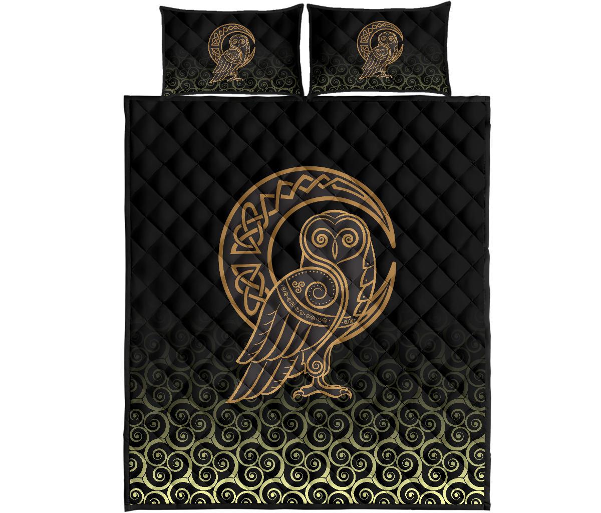 Viking Quilt Bedding Set Owl Celtic On Triskels Background