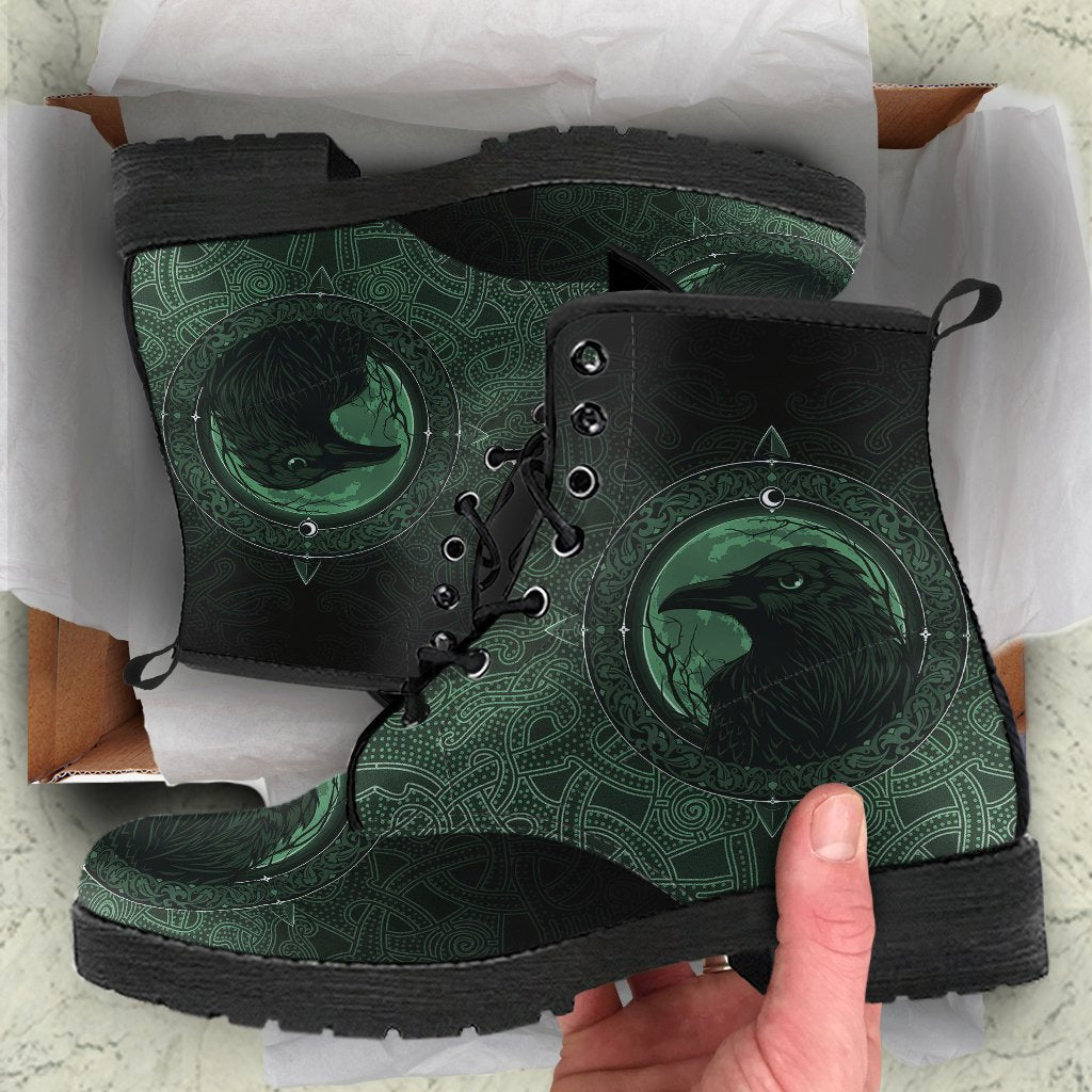 Viking Leather Boots Ethnic Odin Raven Green