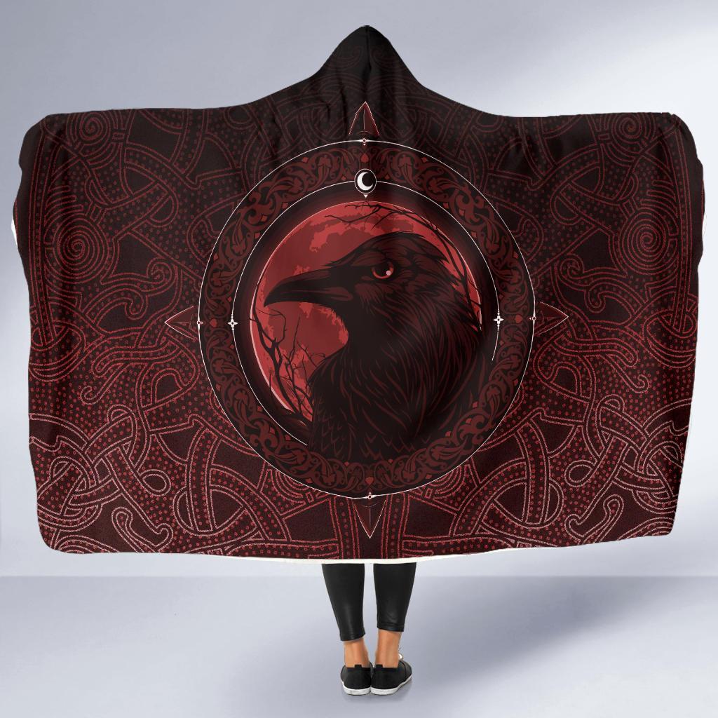 Viking Hooded Blanket Ethnic Odin Raven Red