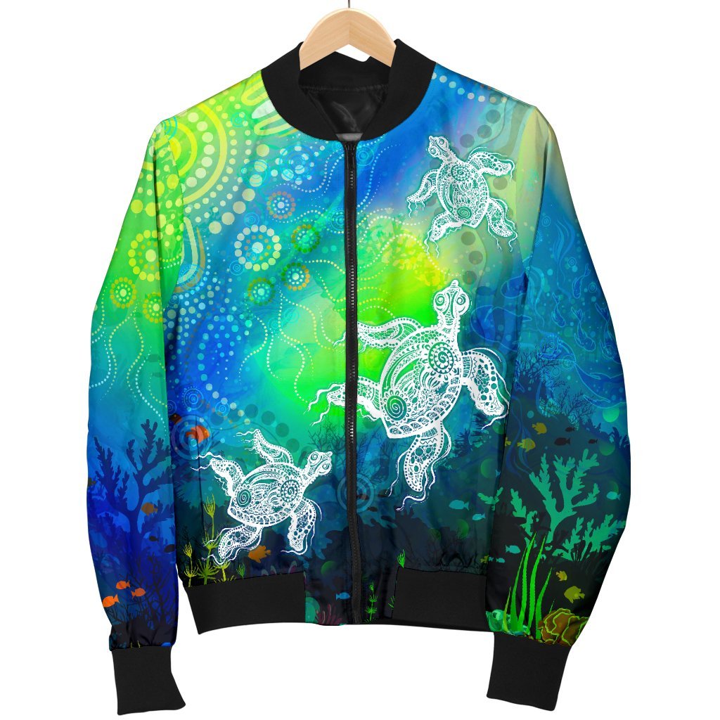 Aboriginal Bomber Jacket - Indigenous Turtle Ocean Dot Painting Art