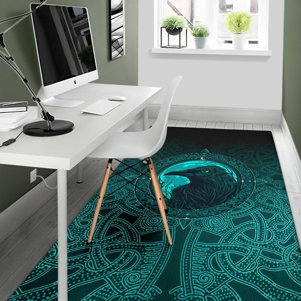 Viking Area Rug Ethnic Odin Raven Cyan