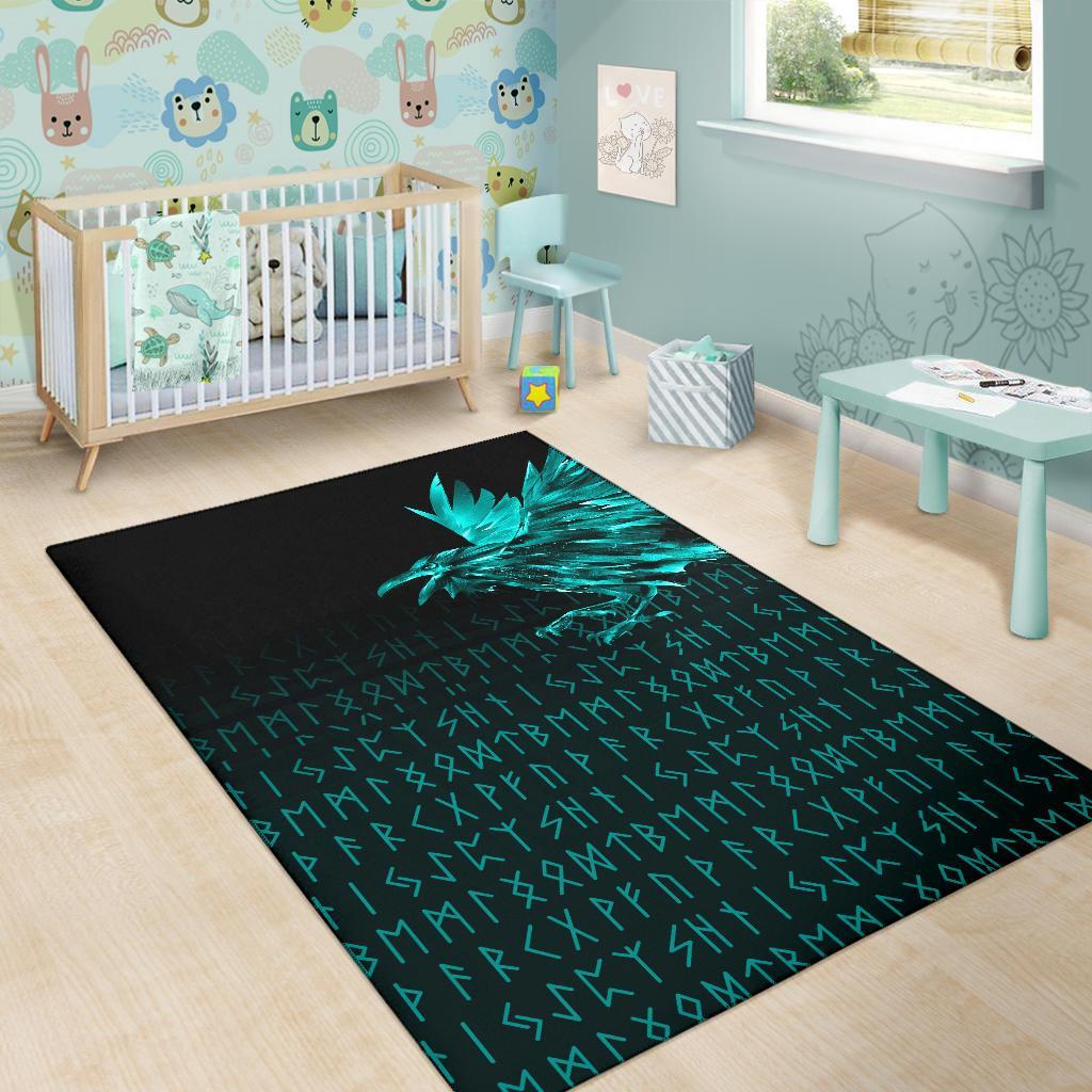 Viking Area Rug The Raven Of Odin Rune Cyan