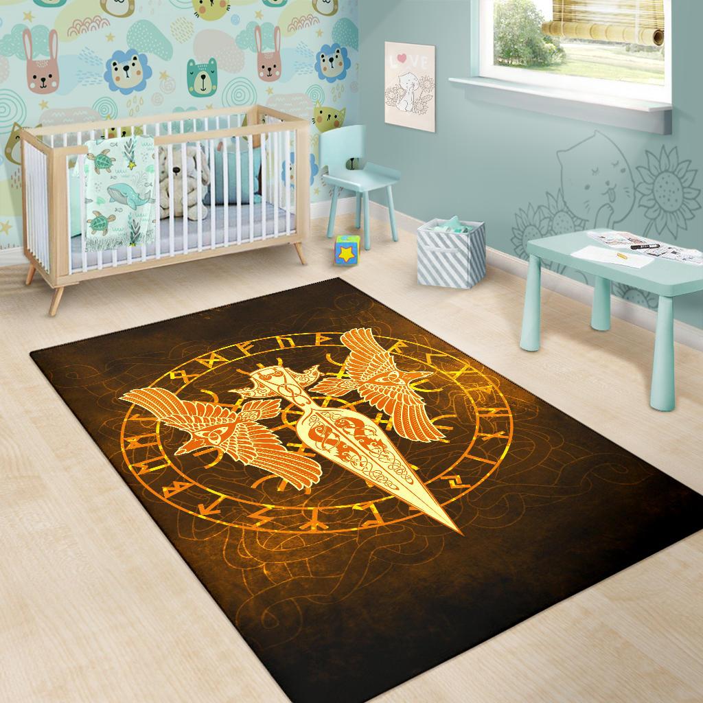 Viking Area Rug Gold Spear Of The God Odin Gungnir And Two Gold Ravens