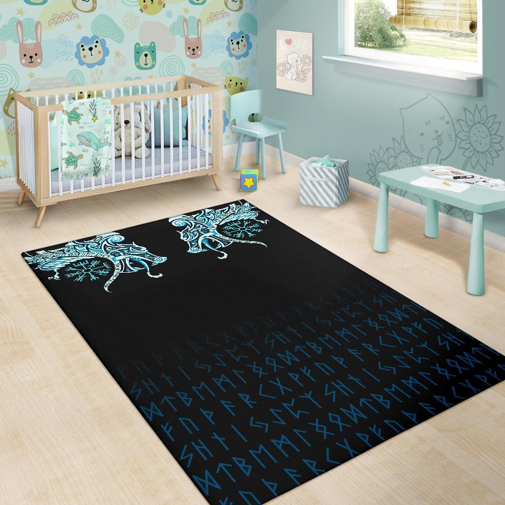 Viking Area Rug Fenrir Raven And Vegvisir Tattoo Cyan