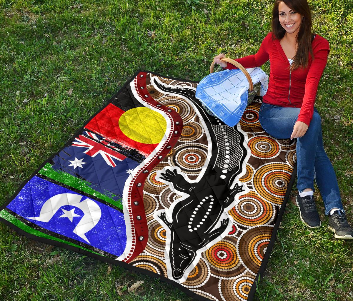 Aboriginal Premium Quilt - Indigenous Crocodile With NAIDOC Flags