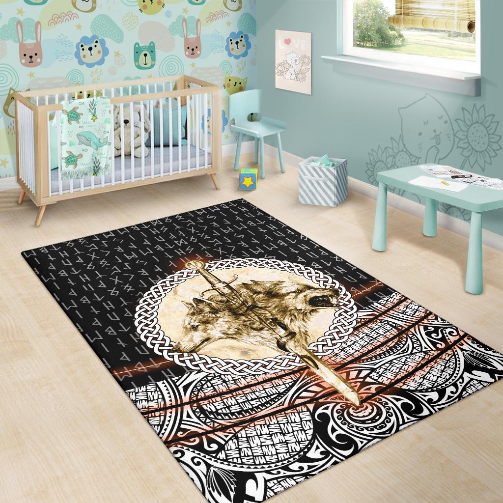 Viking Area Rug Wolf and Vikings Tattoo 3D