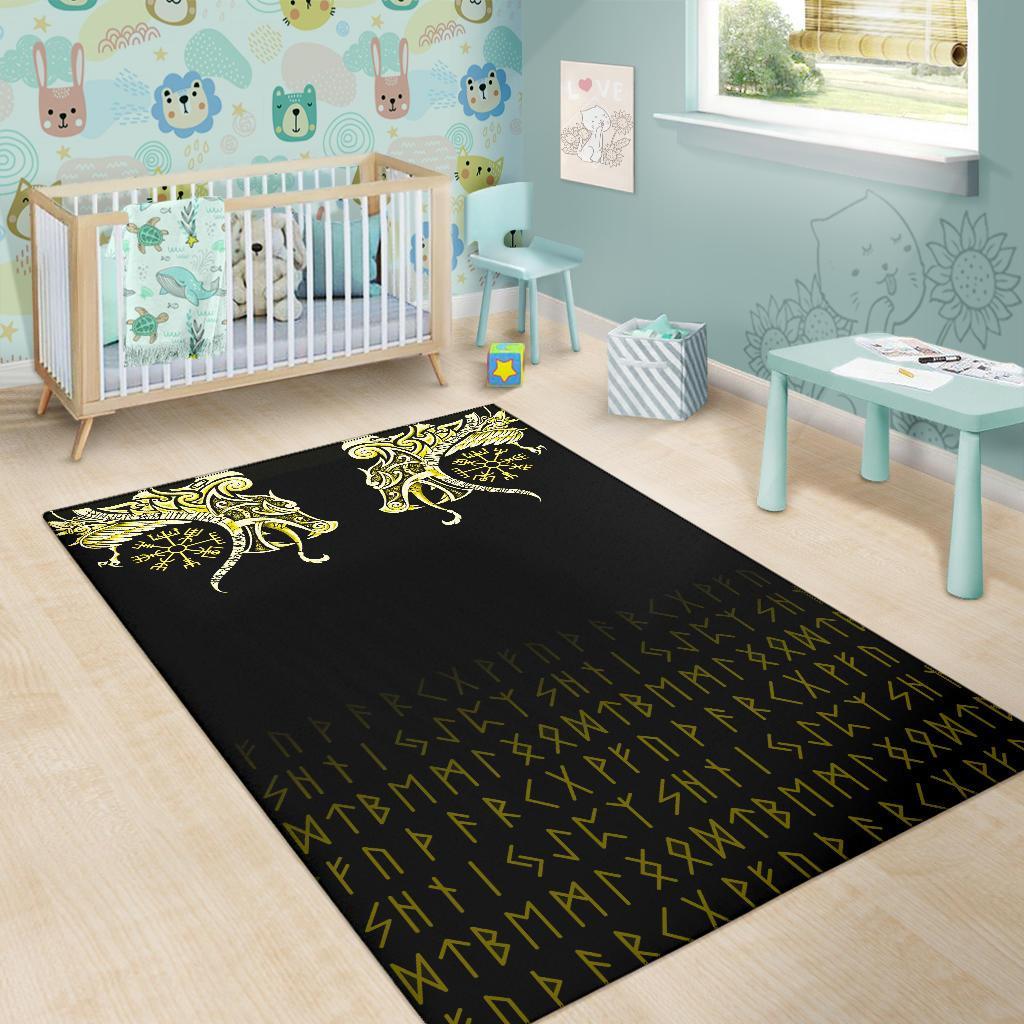 Viking Area Rug Fenrir Raven And Vegvisir Tattoo Yellow