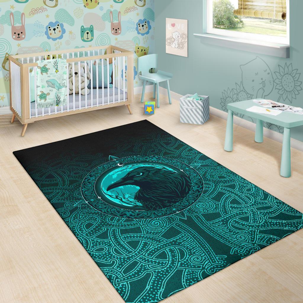 Viking Area Rug Ethnic Odin Raven Cyan