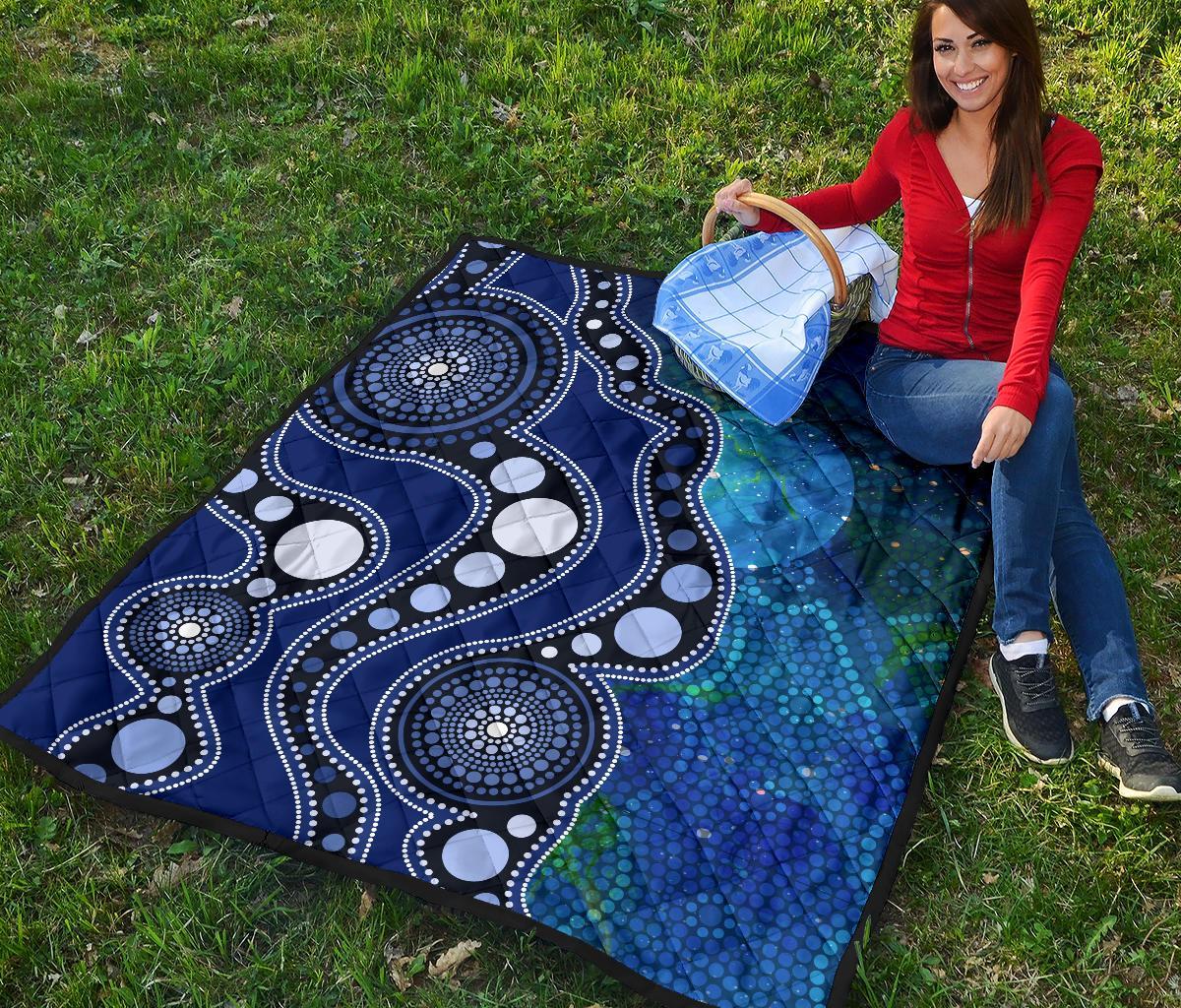 Aboriginal Premium Quilt - Australia Indigenous Flag Circle Dot Painting Art (Blue)