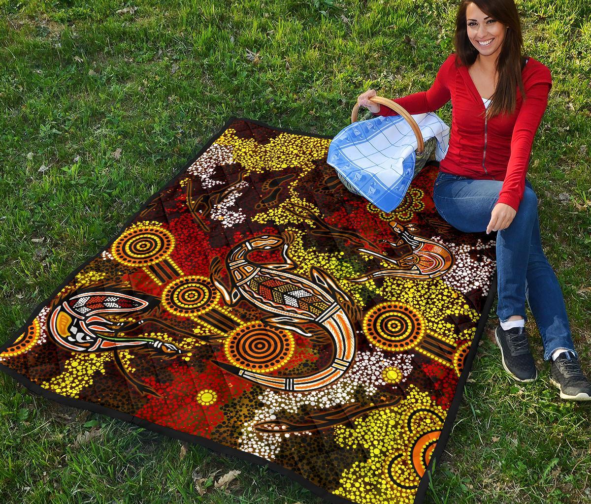 Aboriginal Premium Quilt - Kangaroo and Lizard Dot Painting Art