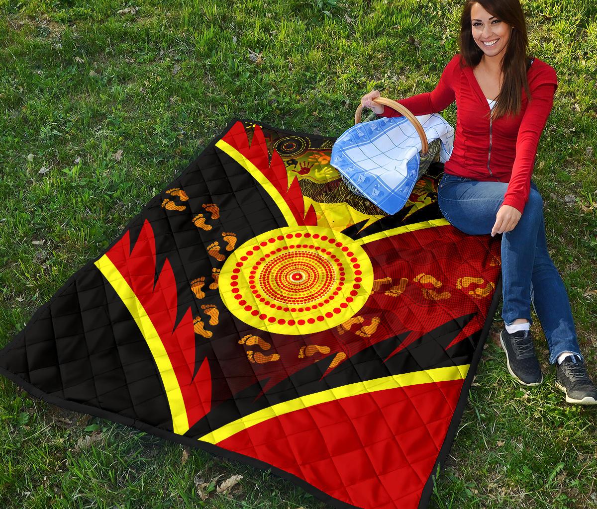 Aboriginal Premium Quilt - Indigenous Flag With Footprint Hand Art