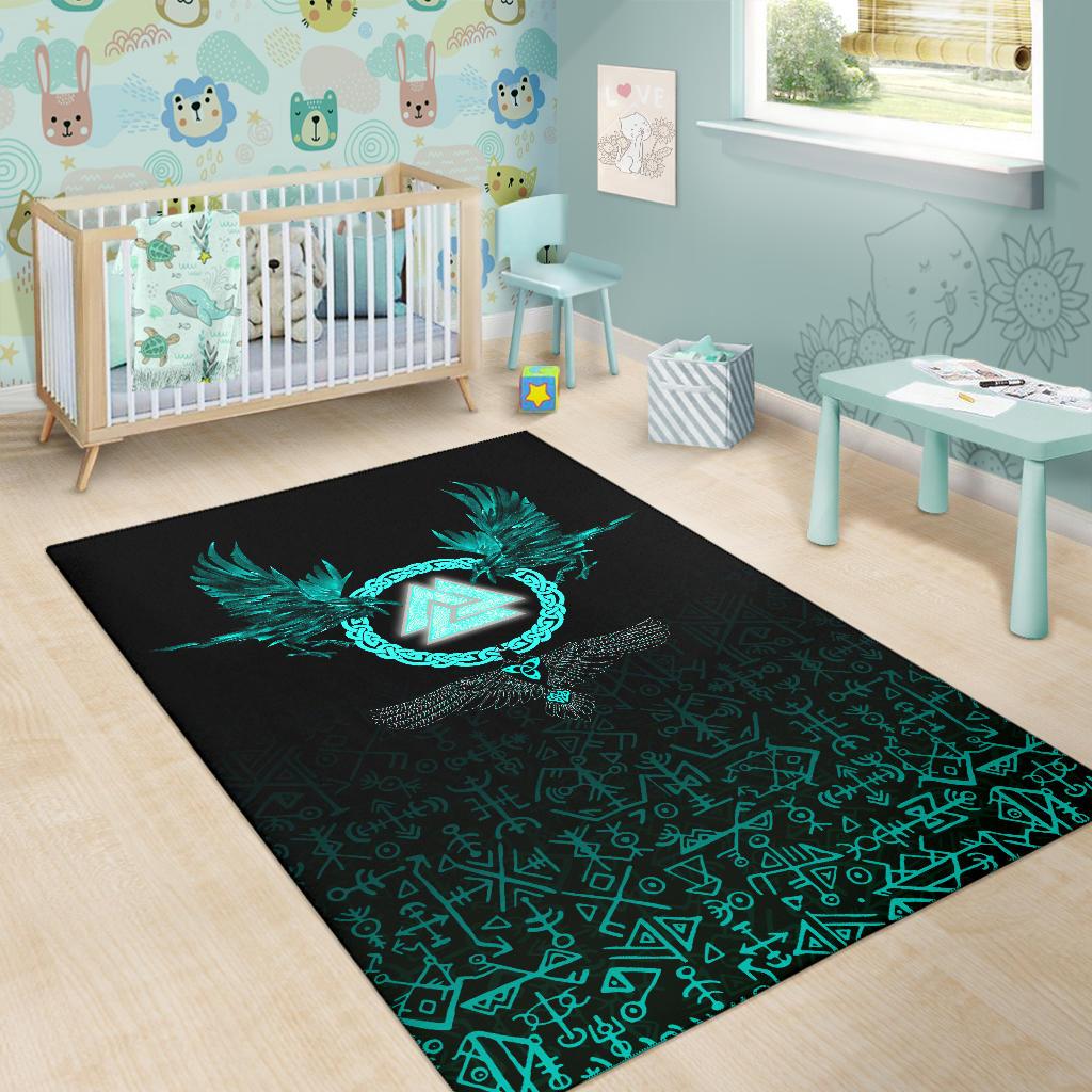 Viking Area Rug Three Raven and Valknut Cyan