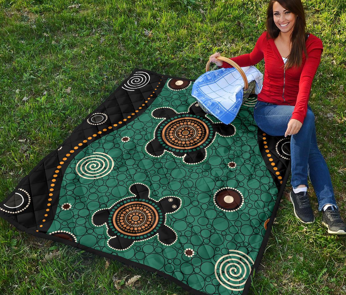 Aboriginal Premium Quilt - Australia Green Turtle Dot Painting Art