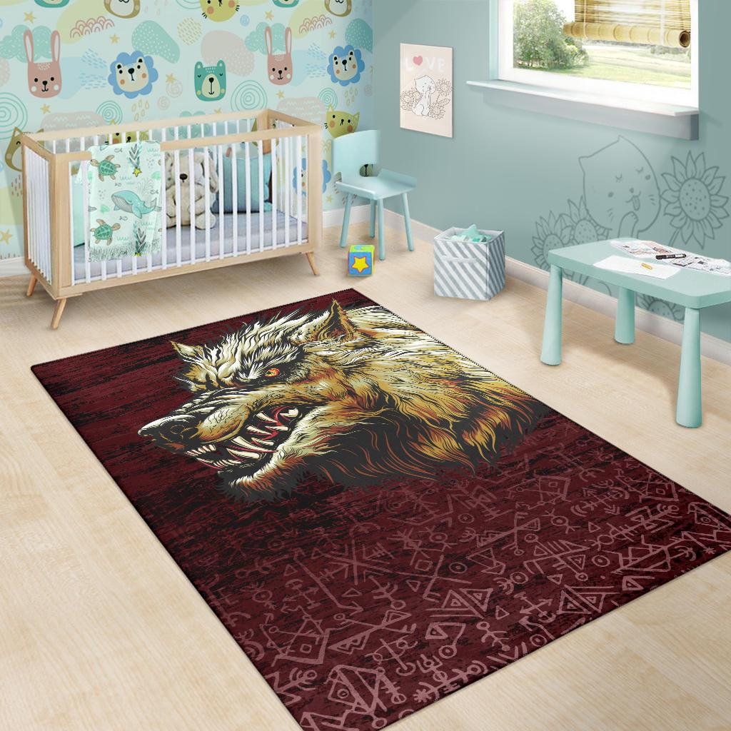 Viking Area Rug Fenrir On The Blood Moon Background