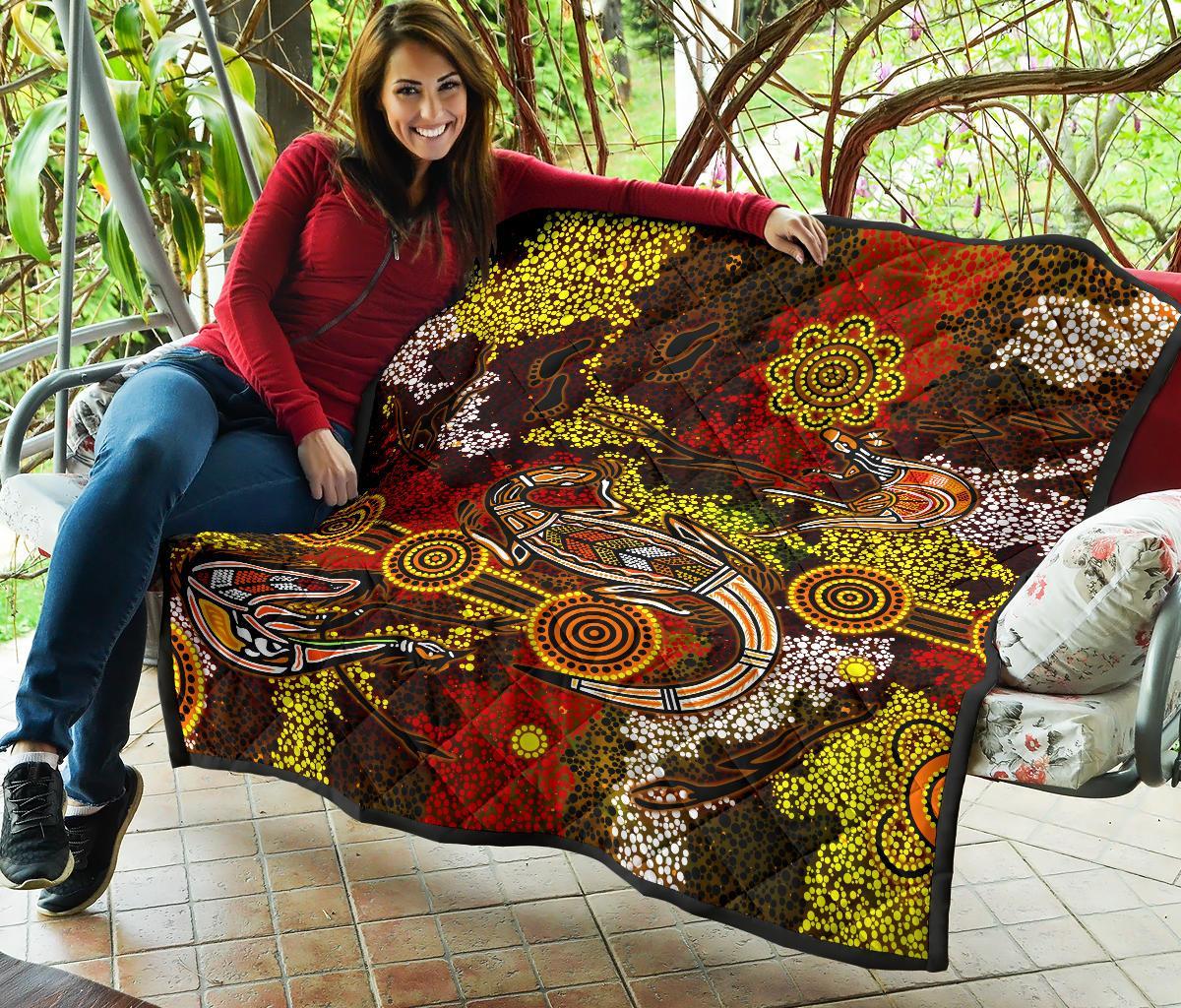 Aboriginal Premium Quilt - Kangaroo and Lizard Dot Painting Art