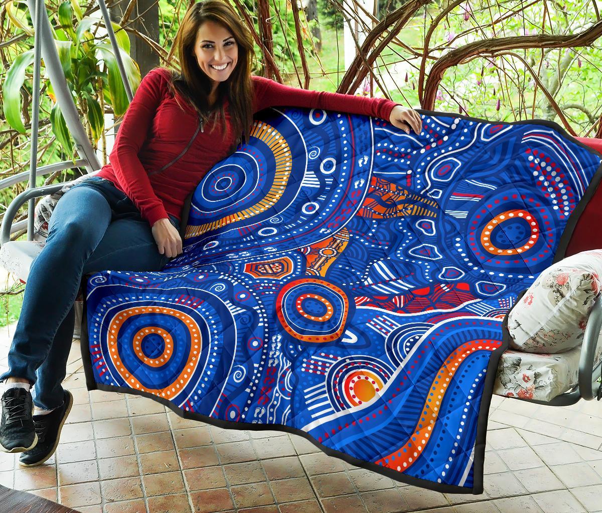 Aboriginal Premium Quilt - Indigenous Footprint Patterns Blue Color