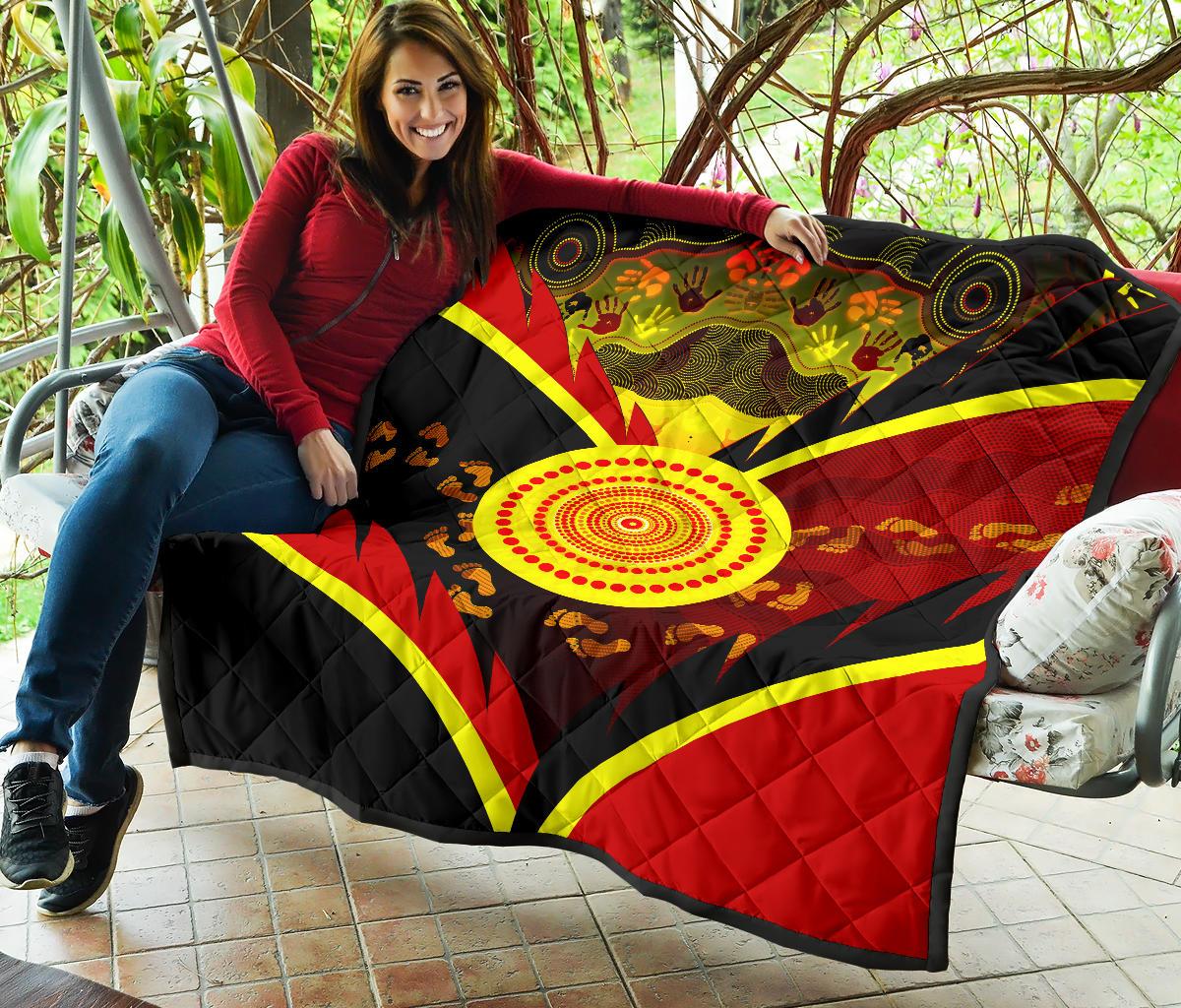 Aboriginal Premium Quilt - Indigenous Flag With Footprint Hand Art