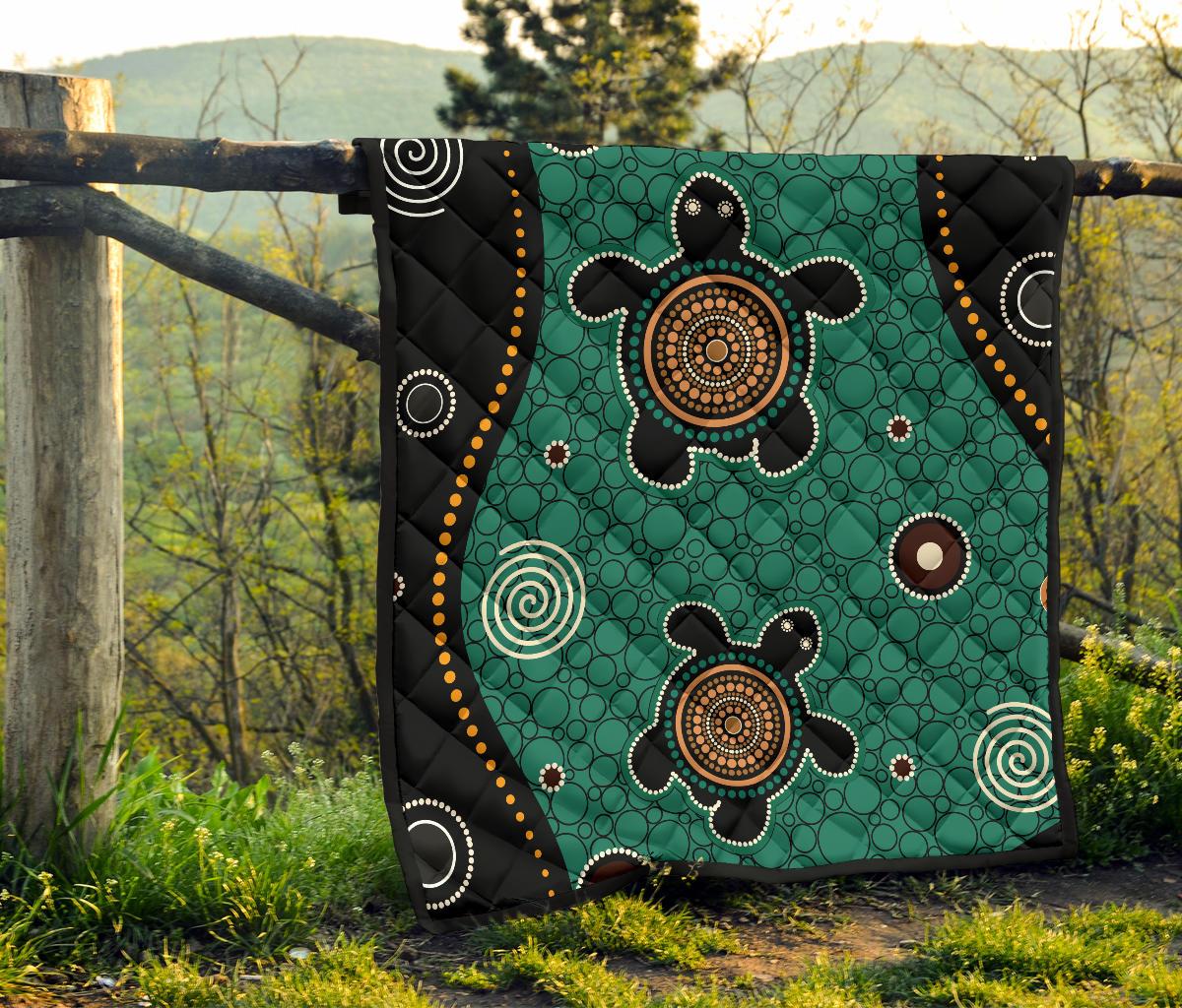 Aboriginal Premium Quilt - Australia Green Turtle Dot Painting Art