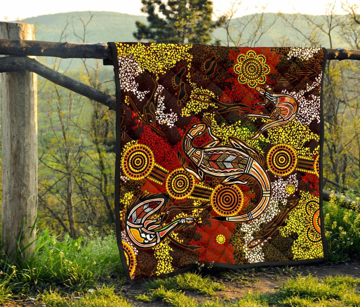 Aboriginal Premium Quilt - Kangaroo and Lizard Dot Painting Art