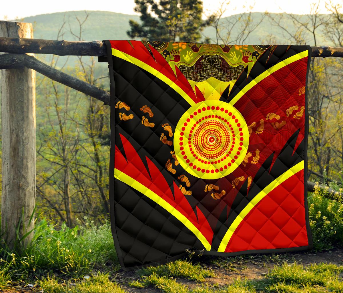 Aboriginal Premium Quilt - Indigenous Flag With Footprint Hand Art