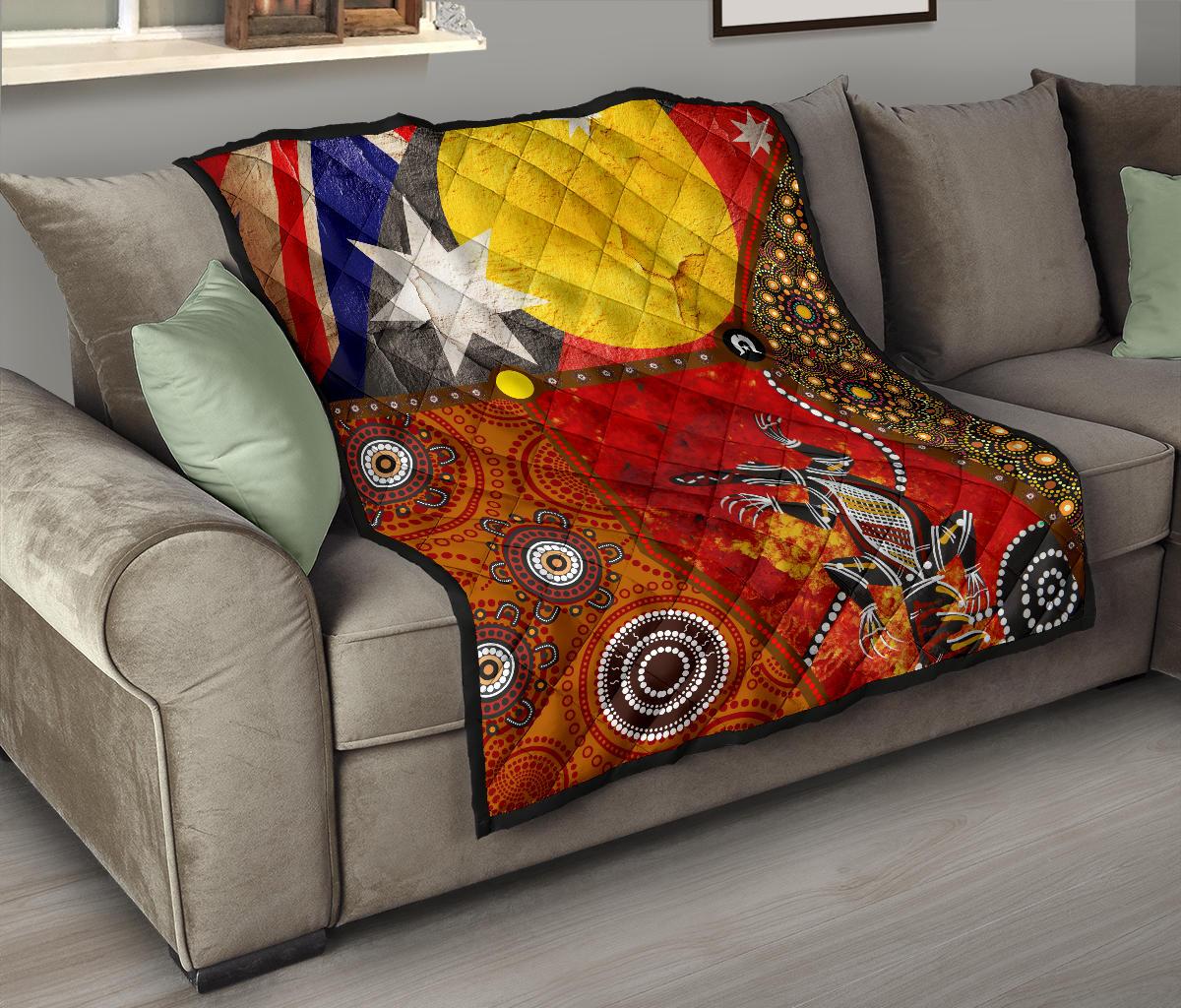 Premium Quilt - Aboriginal Dot Painting & Flags, Crocodile